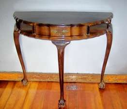 TABLE - HALF MOON WITH DRAWER.  IMBUIA. BALL & CLAW. VINTAGE.