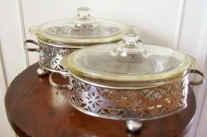 A PAIR OF LOVELY PYREX DISHES IN SILVER PLATE HOLDERS