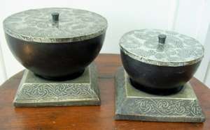 ROUND BOXES.  PAISLEY DESIGN WITH PEWTER LIDS & STANDS.