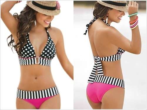 SUMMER 2016 BEACH SWIMWEAR POLKA DOT BIKINI BLACK & PINK
