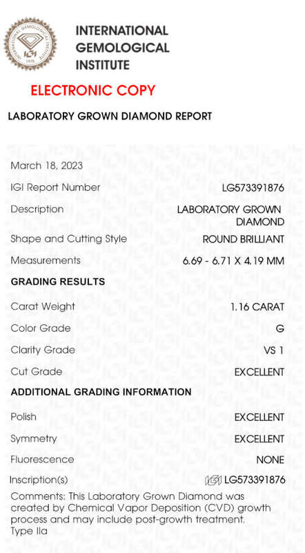 Lab Grown Diamond  - 1.16 Carat G VS1  Round - Excellent Cut