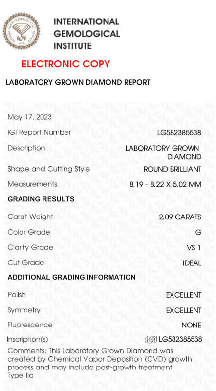 Lab Grown Diamond  - 2.09 Carat G VS1  Round - Excellent Cut