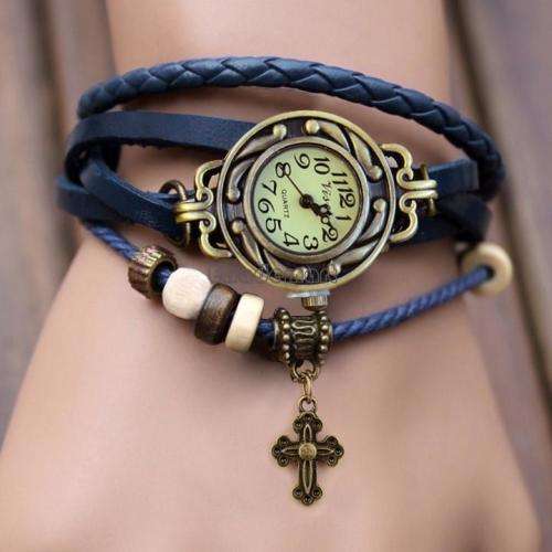 VINTAGE NAVY LEATHER WATCH WITH VINTAGE BEADS AND CHARMS