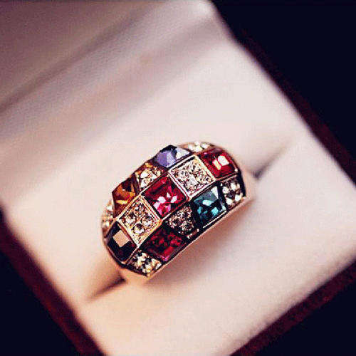 GOLD RING WITH COLORFUL RHINESTONES-SIZE 6