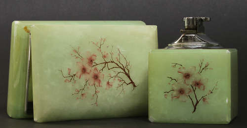 1 LOT OF 2, GENUINE VINTAGE ALABASTER TRINKET BOX AND TABLE LIGHTER - HAND CARVED IN ITALY