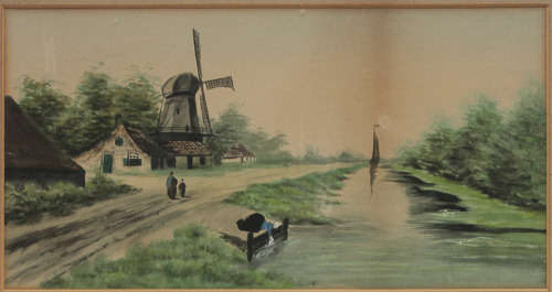2 VINTAGE WATERCOLOUR PAINTING DUTCH LANDSCAPE WINDMILL SCENES, 1 LOT