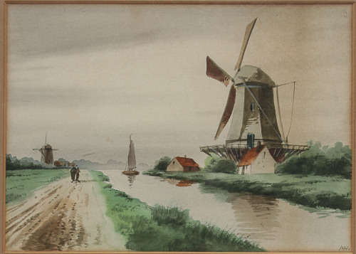 2 VINTAGE WATERCOLOUR PAINTING DUTCH LANDSCAPE WINDMILL SCENES, 1 LOT