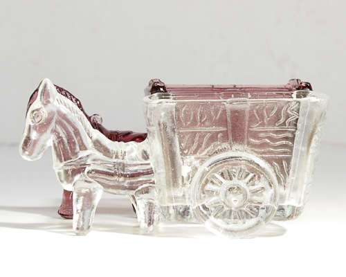 VINTAGE GLASS ORNAMENTS, DOG, HORSE, 2 HORSE DRAWN CARTS IS IT MURANO?- 1 LOT