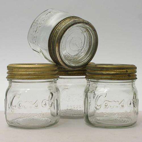 VINTAGE CONSOL PRESERVE JARS WITH GLASS LIDS x4