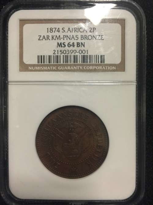 ZAR 1874 2 Penny NGC MS64BN Pattern