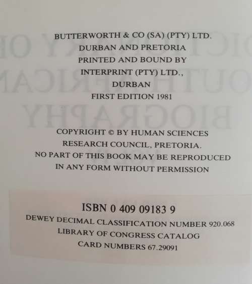 DICTIONARY OF SOUTH AFRICAN BIOGRAPHY Vol IV