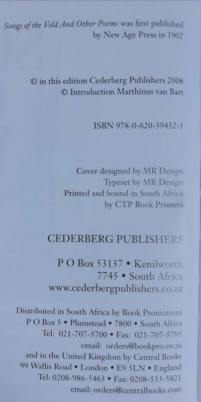 Songs Of The Veld And Other Poems / Marthinus Van Bart