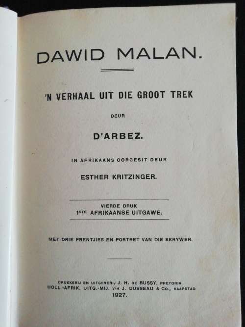 Dawid Malan: `n Verhaal uit die Groot Trek / d`Arbez (1927)