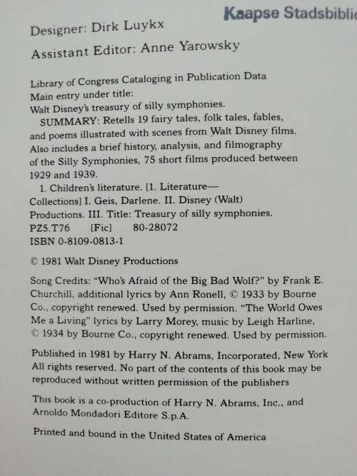 Walt Disney`s Treasury of Stories from Silly Symphonies. Harry N. Abrams Inc., 1981. Darlene Geis.