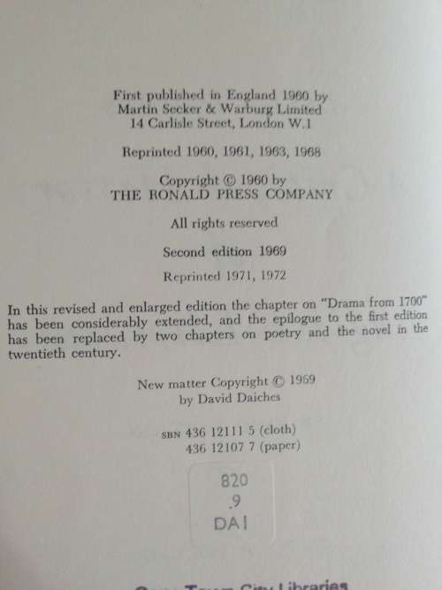 A Critical History of English Literature  /   David Daiches (Volume 4)