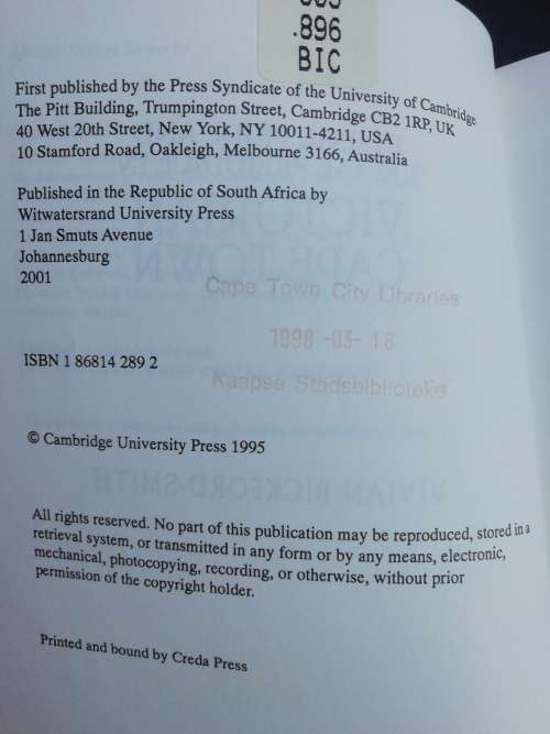 Ethnic Pride and Racial Prejudice in Victorian Cape Town / V Bickford-Smith