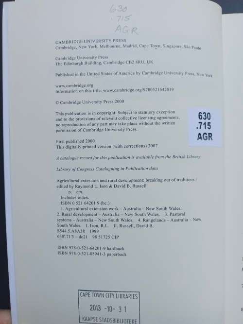 Agricultural Extension and Rural Development / Ray Ison & David Russel (Cambridge)