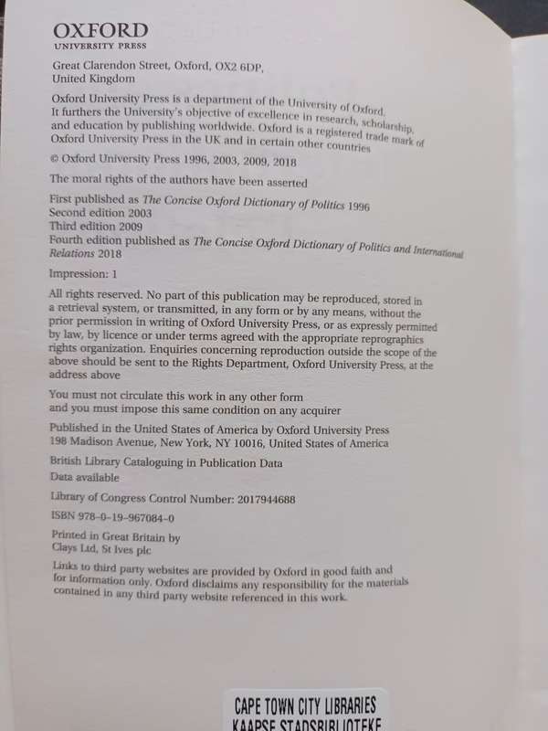 The Concise Oxford Dictionary Of Politics / McLean, Iain & McMillan, Alistair