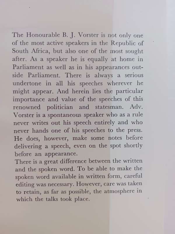 B.J. Vorster: Select Speeches Edited by Prof.Dr.O.Geyser