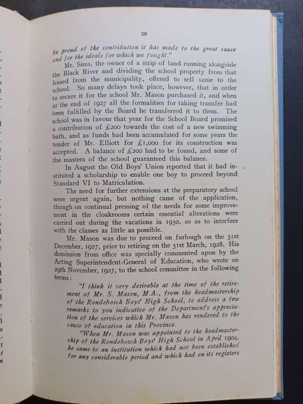 THE HISTORY OF THE RONDEBOSCH BOYS HIGH SCHOOL 1897-1947 /  D.E. CORNELL (Signed)