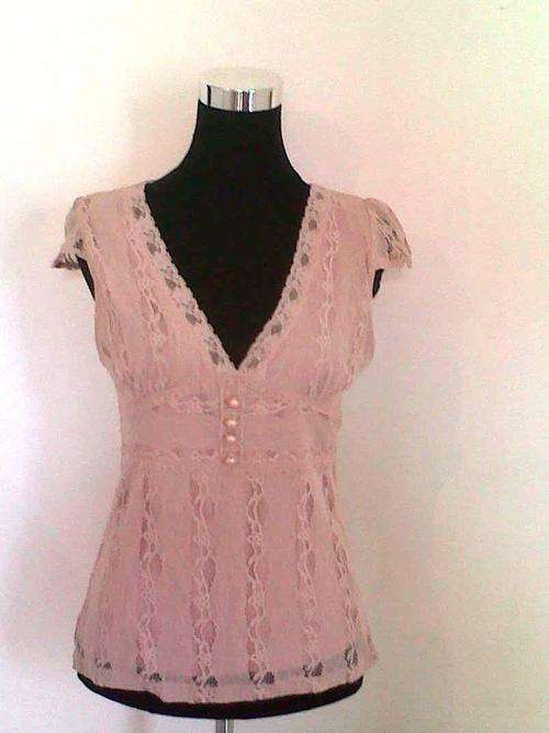 Dusty pink cap sleeve lace stretch top (M)