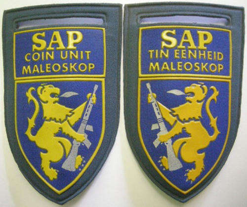 SAP Coin Unit/Tin Eenheid Maleoskop Rubberised Shoulder Flash Pair Pins Intact Note Colour Variation