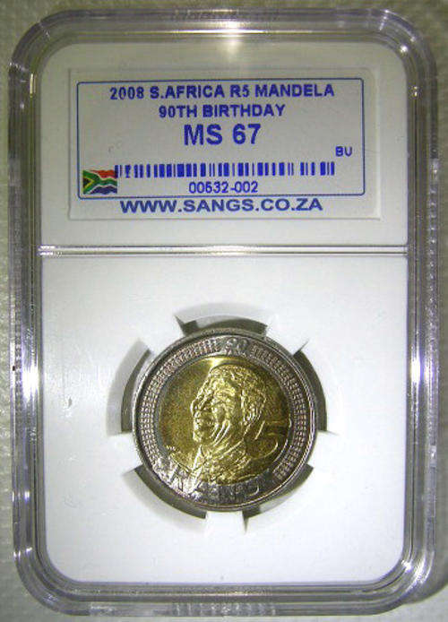 5 x Mandela 90th Birthday 2008 R5 Coins MS67 SANGS Graded Bid Per Coin