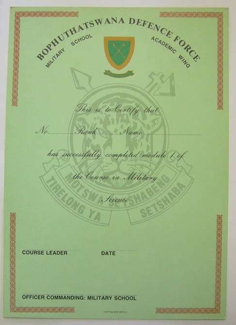 Bophuthatswana Defence Force Military School Academic Wing Certificate Unused 210mm x 296mm
