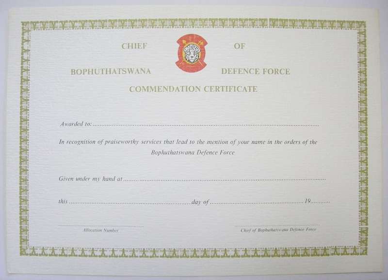 Chief of Bophuthatswana Defence Force Commendation Certificate Unused