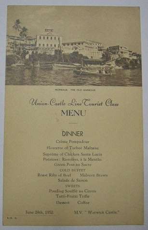 Union Castle Line Menu June 29th 1952 202mm x 126mm