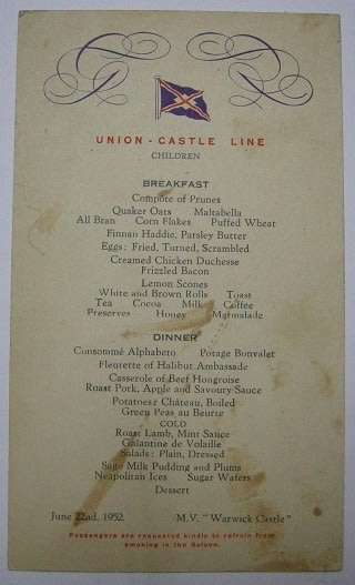 Union Castle Line Children`s Menu June 22nd 1952 199mm x 117mm