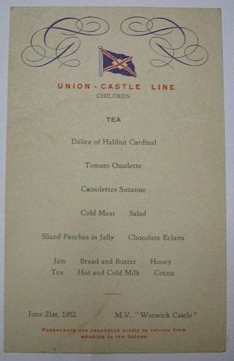 Union Castle Line Children's Menu June 21st 1952 177mm x 111mm