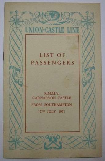 Union Castle Line List of Passengers 12th July 1951  214mm x 134mm Closed