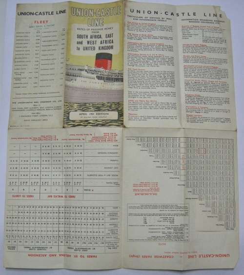 Union Castle Line Rates of Passage Money April 1951 Edition 433mm x 370mm Open 93mm x 217mm Closed