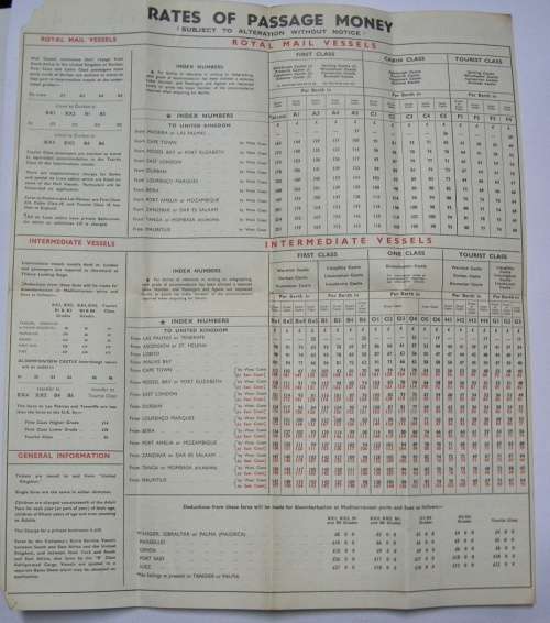 Union Castle Line Rates of Passage Money April 1951 Edition 433mm x 370mm Open 93mm x 217mm Closed