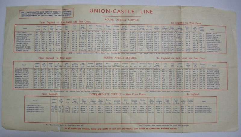 Union Castle Line Provisonal Timetable January 1953 242mm x 457mm Open 242mm x 115mm Closed