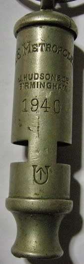 WWII Union Defence Force Whistle The Metropolitan J Hudson & Co Birmingham 1940 Broad Arrow in U