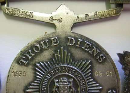 Full Size SA Police Medal Group of Four Named to A/O JP Fouche w/ Ribbon Bar