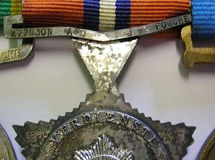 Full Size SA Police Medal Group of Four Named to A/O JP Fouche w/ Ribbon Bar