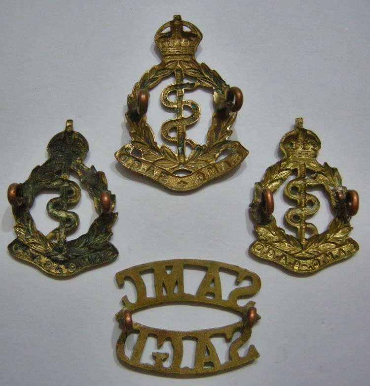 SA Medical Corps Gilding Metal Cap & Collar Badges & Shoulder Title Owen 1575, 1579, 1580 & 1569