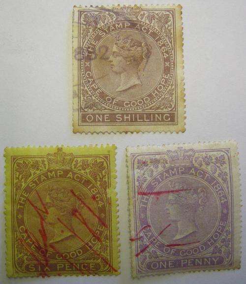 Cape of Good Hope The Stamp Act 1864 One Shilling x 1, Six Pence x 1, One Penny x 1 Hinged