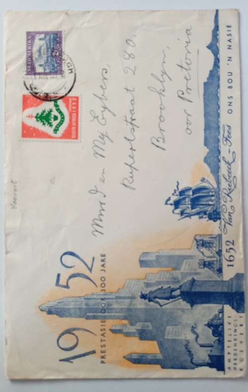 1952 Union of South Africa cover with Christmas cindarella tied to cover.