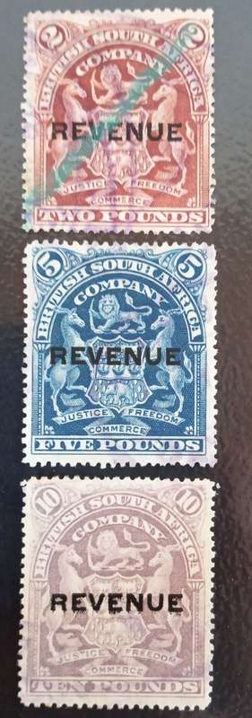 BSAC overprint REVENUE, £2, £5 and £10. Used