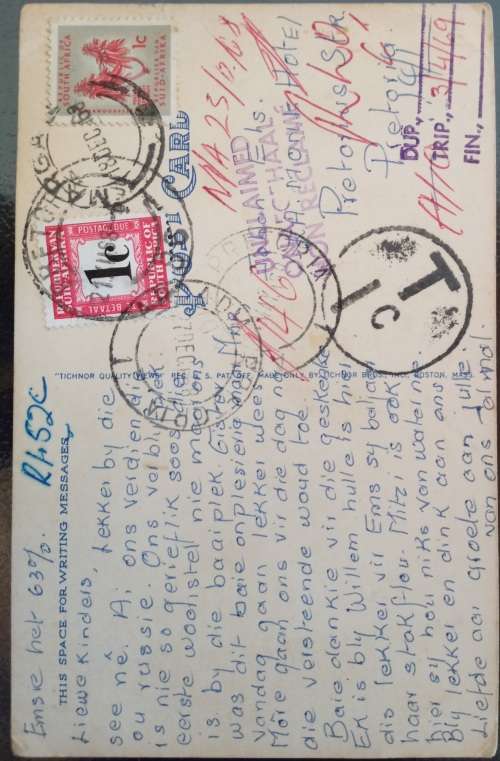 1969 RSA cover with postage due, Unclaimed cachet and trip log