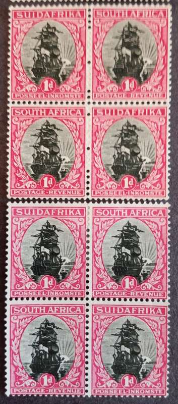 1930 Union of South Africa Rotos 2 blocks of 4 x 1d in carmine and scarce rose Catalogue R2100