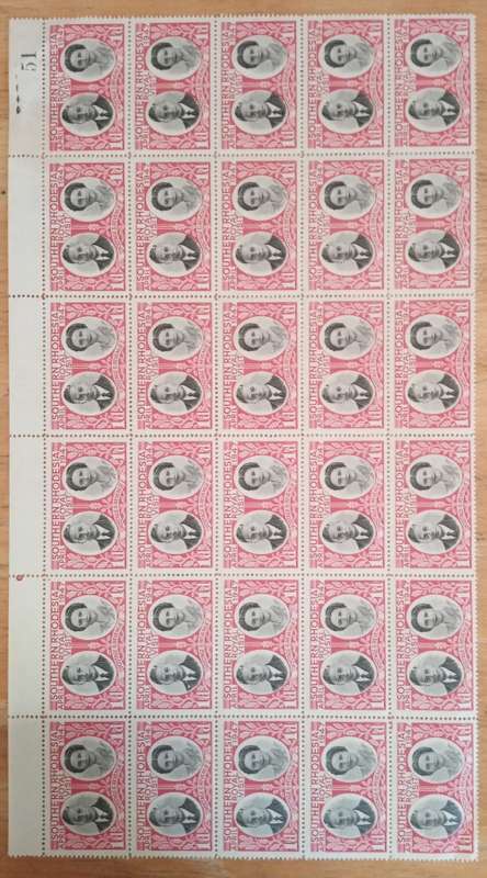 1947 Southern Rhodesia Royal Visit block of 30 x 1d with sheet number 51.