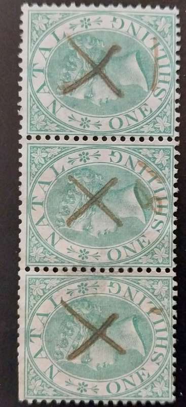 1881 Natal strip of  3 x 1 shilling revenue used