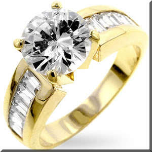 14kt GOLD BONDED & RHODIUM PLATED WITH ROUND & BAGUETTE CUT WHITE CZ RING SIZE 6
