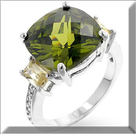 RHODIUM PLATED OLIVE GREEN CZ RING SIZE 7