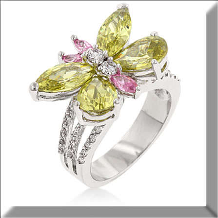 WHITE GOLD RHODIUM PLATED WITH OLIVE, PINK CLEAR /WHITE CZ RING SIZE 6